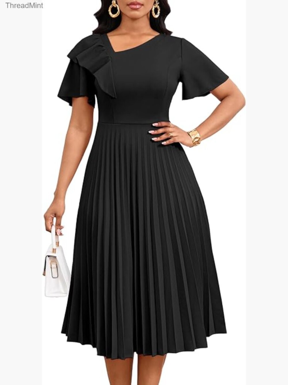 Short Sleeve Pleated Midi Dress with Ruffle Sleeve and Asymmetrical Hem